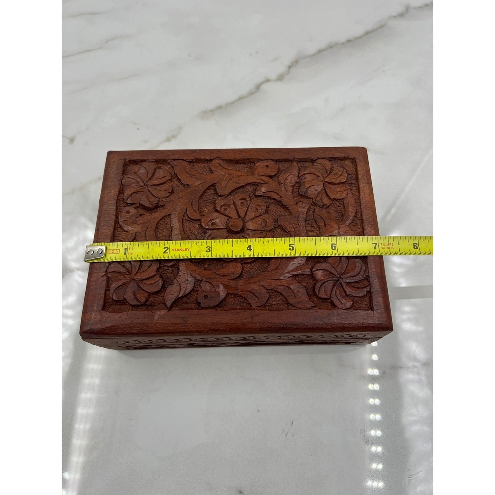 Vintage Hand Carved Floral Wooden Jewelry Box Trinket Keepsake Boho Dark Wood - Picture 8 of 11